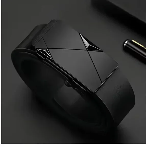 Men’s Black Leather Ratchet Belt Automatic Buckle, Adjustable Dress Belt(120 cm) - Picture 2 of 2